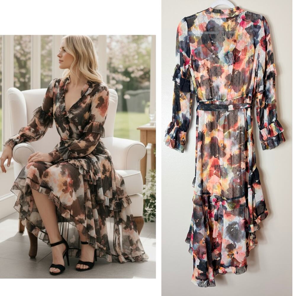 NWT MARCHESA ROSA DRESS WEDDING GUEST ABSTRACT FLORAL ASYMMETRIC MAXI SPRING - Picture 3 of 16